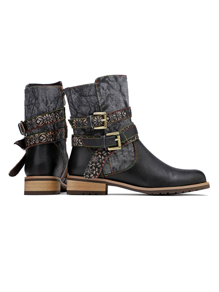 SOFFIA | Genuine Leather Gold Floral Embossed Strap  Moto Boots