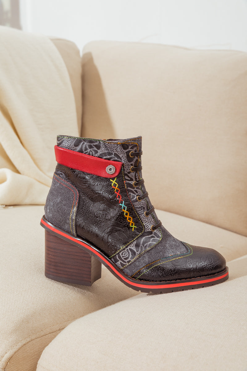 SOFFIA | FLORAL EMBOSSED LEATHER COMBAT BOOT