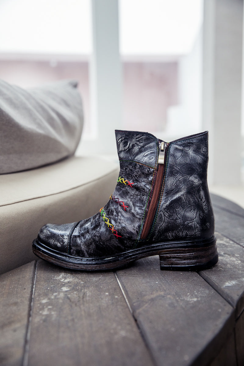 SOFFIA | Genuine Leather Rainbow Stitch Floral Embossed Ankle Boots