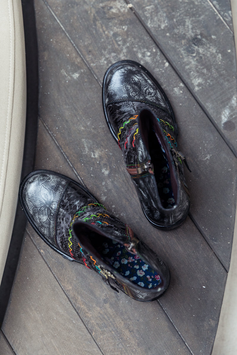 SOFFIA | Genuine Leather Rainbow Stitch Floral Embossed Ankle Boots