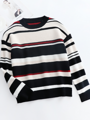 Smaibulun | Black White Red Stripe Crew Neck Knit Top