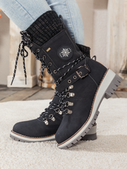 En Bloom | Ribbed-Cuff Buckle-Strap Boot - Black