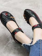 Rumour Has It | Perforated Flower Printed Leather Mary Jane - Black