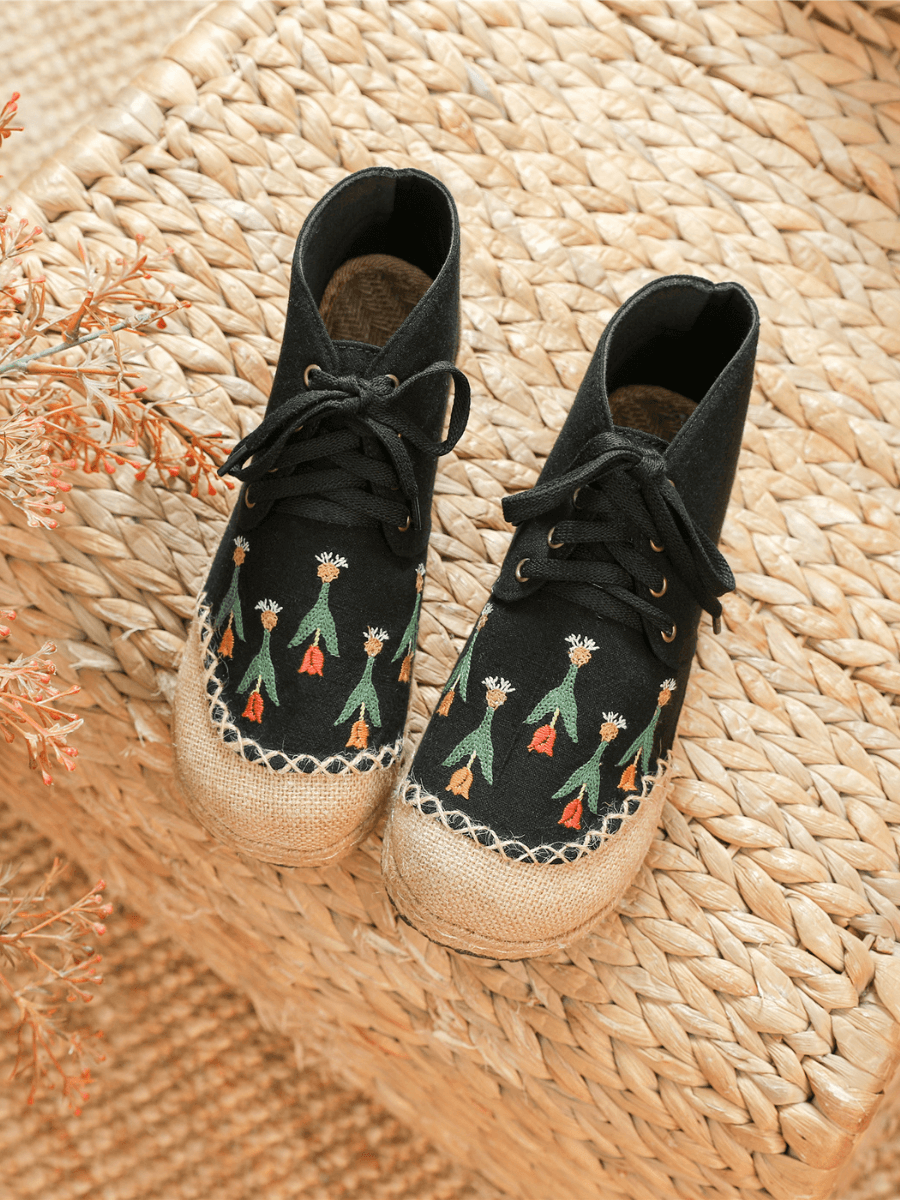 CACTUS ROSE | BLACK RETRO EMBROIDERED LINEN SNEAKER