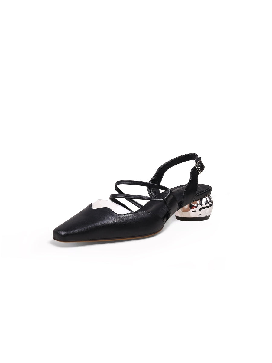 JadyRose | Double Strap-Detail Low Heel Point ToeLeather D'Orsay Pumps Sandal - Black