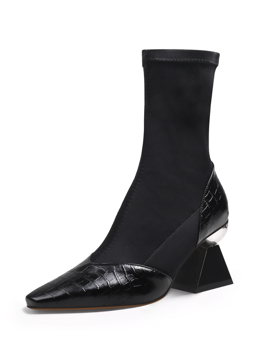 JADY ROSE | BLOCK HEEL CROC PATTERN LEATHER SOCK BOOT - BLACK