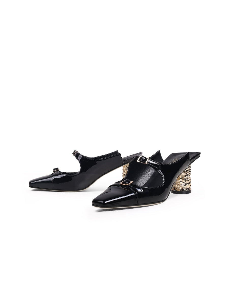 JadyRose | Bar-Accent Golden Mid Heel Leather Mules Loafers- Black