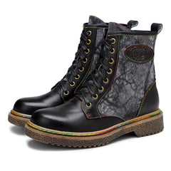 Soffia | Tie Dye-Contrast Genuine Leather Combat Boots