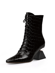 JADY ROSE | CRYSTAL HEEL CROC EMBOSSED LEATHER BOOTIE - BLACK