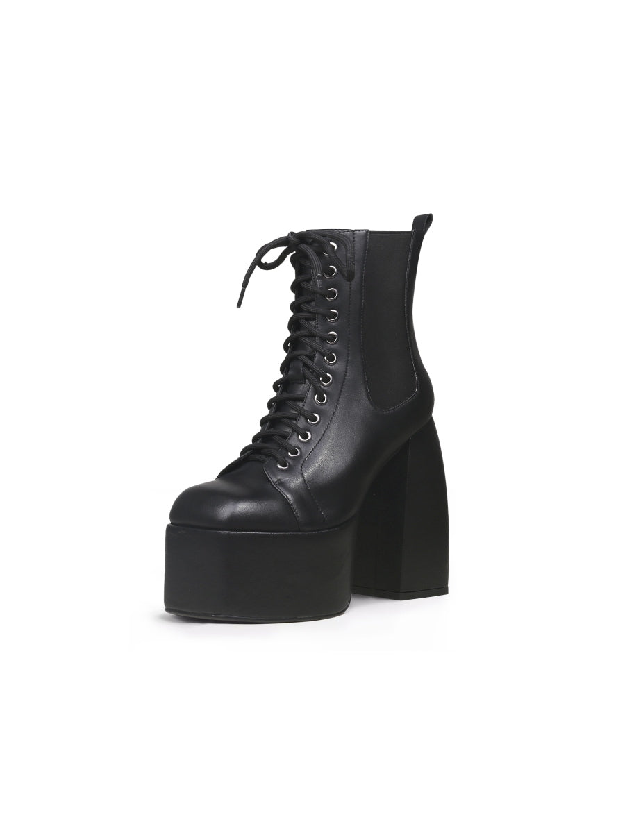 JadyRose | Genuine Leather Chunky Heel Lace-Up Black Platform Chelsea Boots