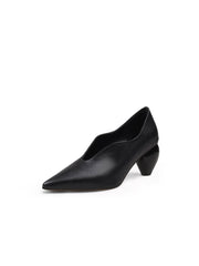 JadyRose | Genuine Leather Scalloped Edges-Curve Shaped Pump - Black