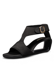 JADY ROSE | CUT-OUT PEEP TOE SUEDE WEDGE SANDAL - BLACK