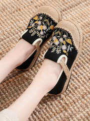 Cactus Rose | Field Corn Embroidered Linen Round Toe Espadrilles Loafers - Black