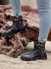 SOFFIA | Genuine Leather Rainbow Stitch Floral Embossed Ankle Boots