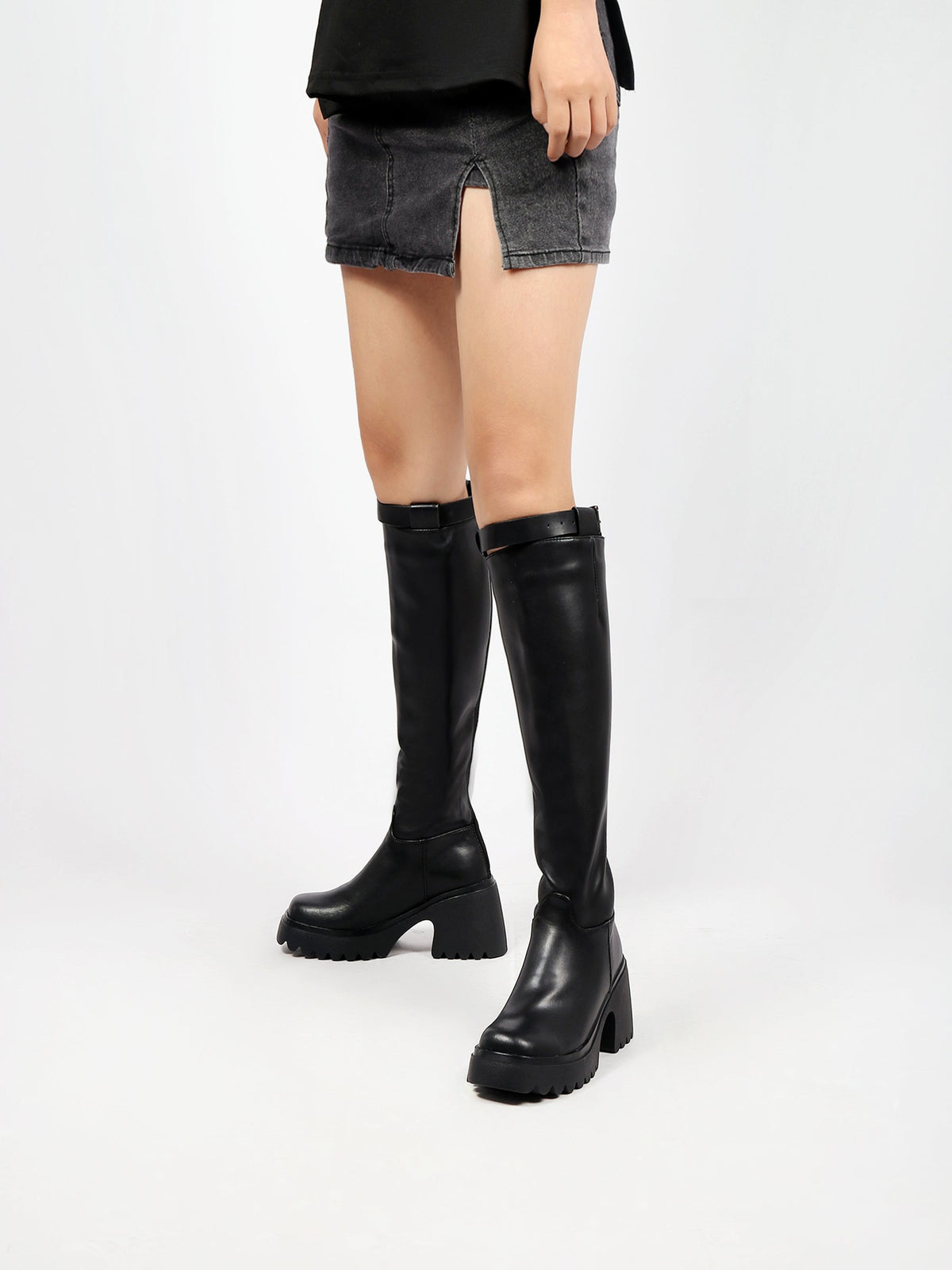 JADY ROSE | LUG SOLE KNEE HIGH LEATHER BOOT - BLACK