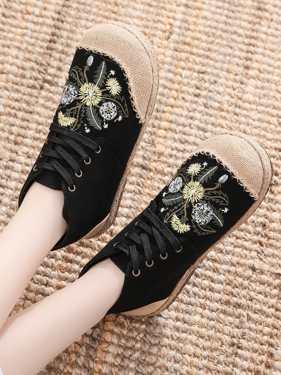 Cactus Rose | Embroidered Dandelion Round Toe Hi-Top Sneakers Espadrilles