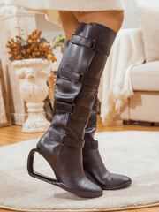 Jady Rose | Strappy Buckle Elevator Heel Knee-High Leather Boot