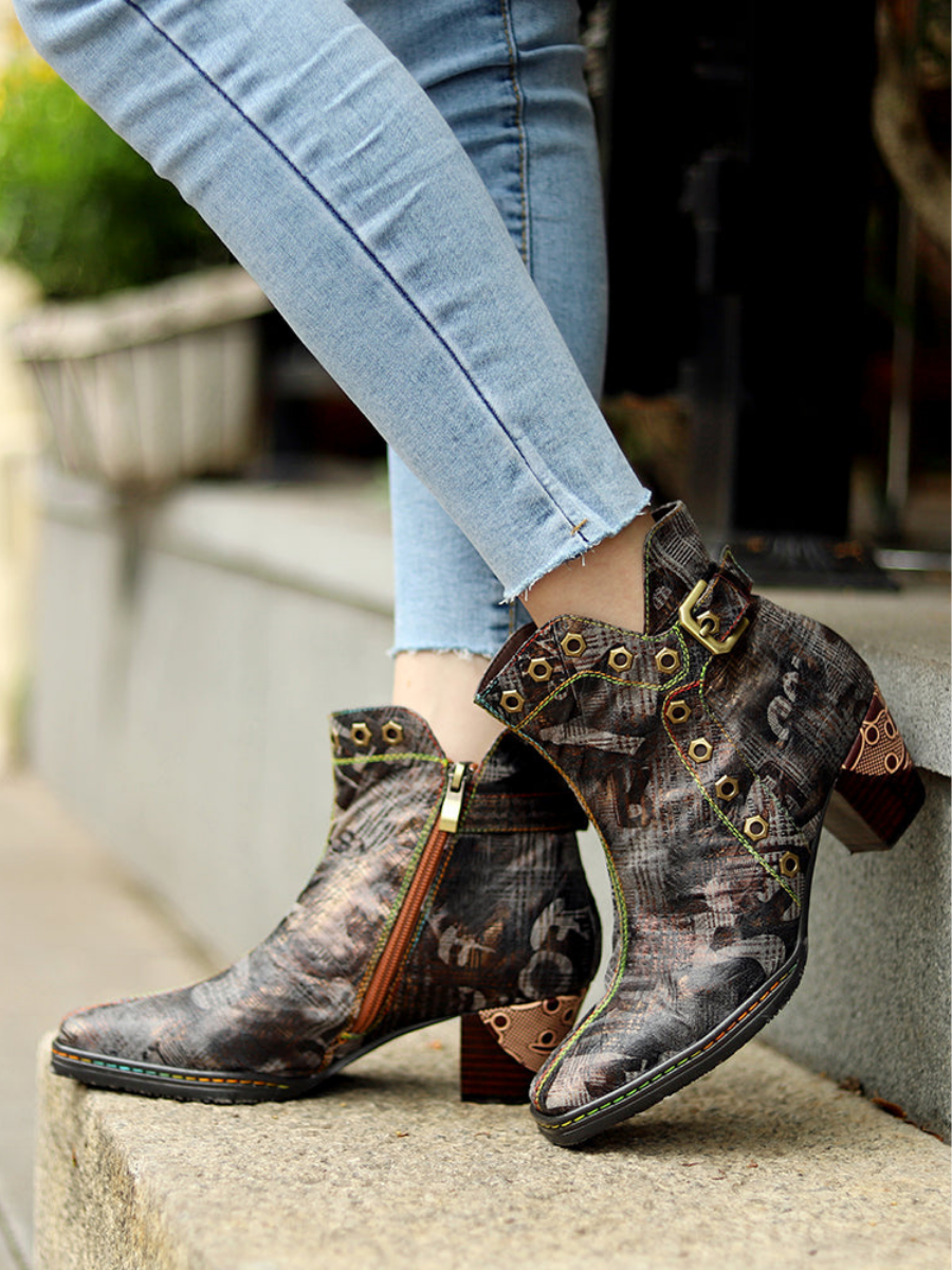 SOFFIA | Antique Prints With Metallic Stud Moto Boot