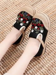 Cactus Rose | Berry Daisy Embroidered Linen Round Toe Espadrilles Loafers - Black