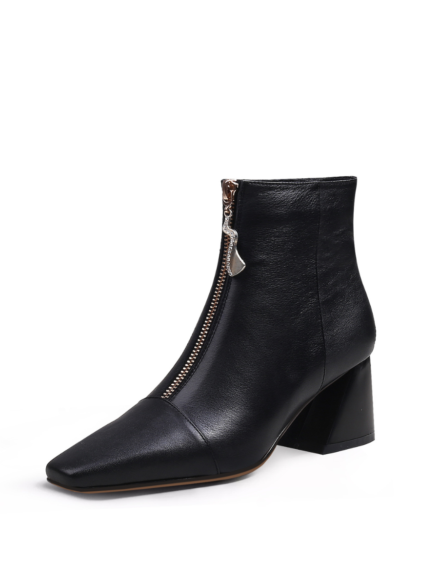 JADY ROSE | BLOCK HEEL LEATHER ANKLE BOOT - BLACK