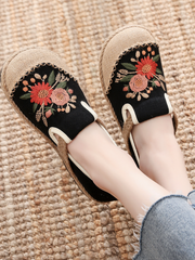 Cactus Rose | Double Kiss Floral Embroidered Linen Espadrilles - Black