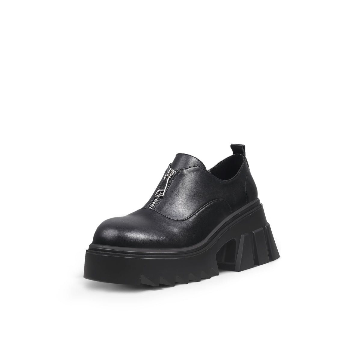 JadyRose | Chunky Heel Pure Zipper Genuine Leather Sneaker - Black