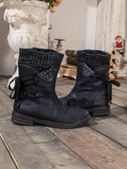 En Bloom | Black Ruched Back Tie-Accent Flat Comfy Combat Boots