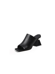 JadyRose | Black Triangular-Crystal Mid Heel Leather Open Toe Mules Sandals