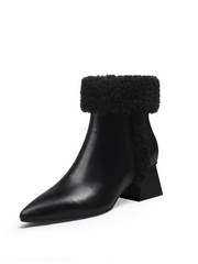 JADY ROSE | WOOL TRIM BLOCK HEEL LEATHER ANKLE BOOT - BLACK