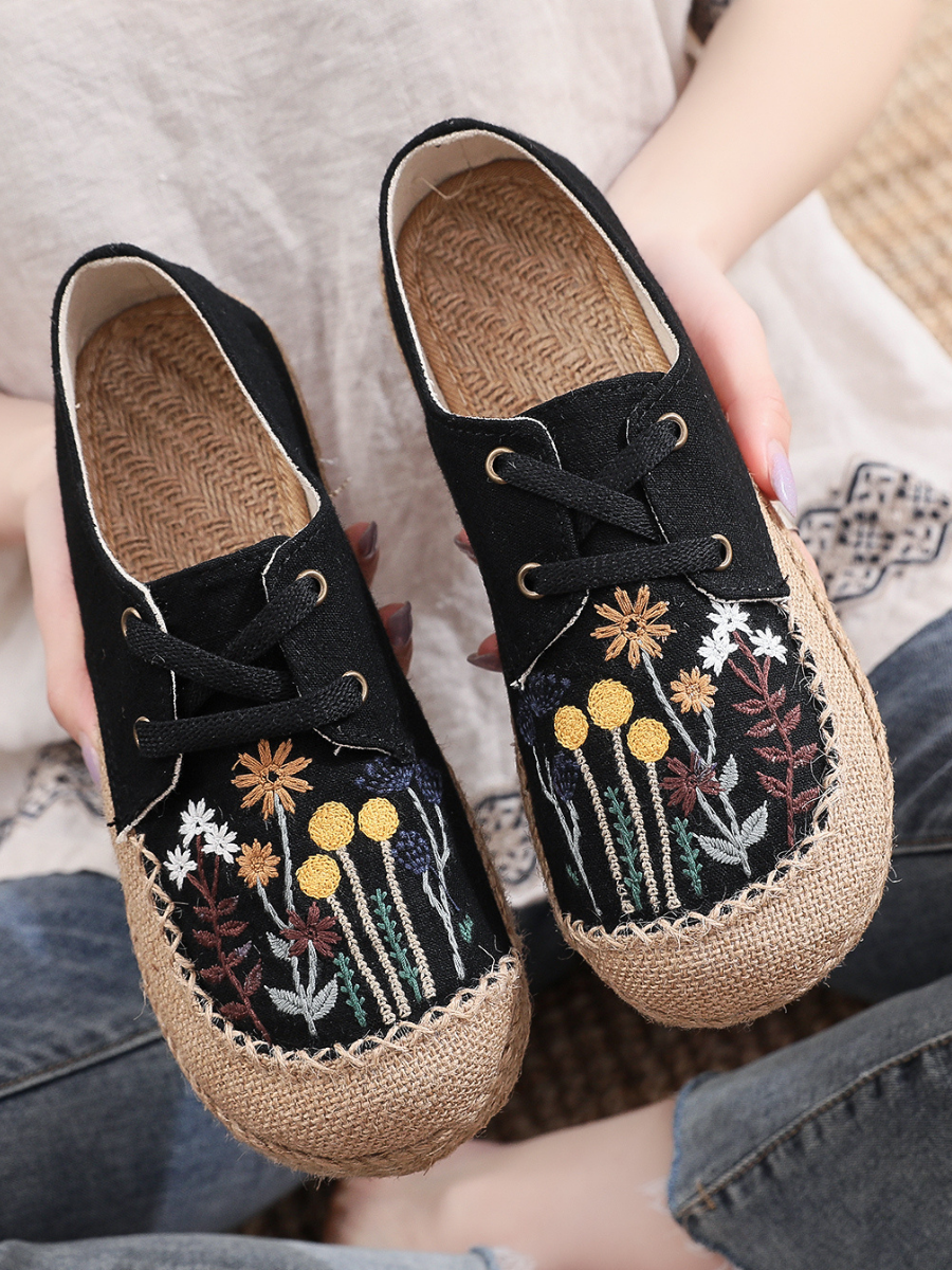 Cactus Rose | Garden Embroidered Linen Boat Shoes Espadrilles - Black