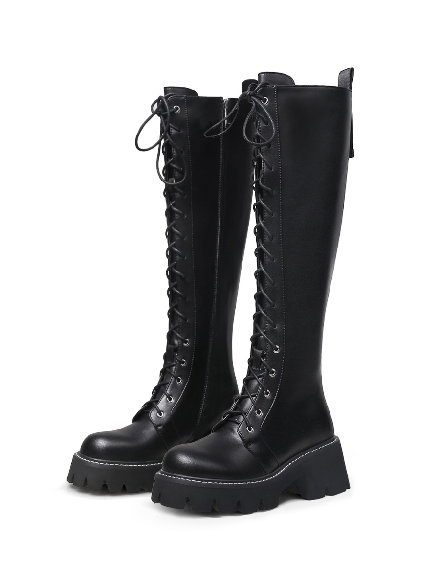 JADY ROSE | LUG SOLE LACE UP KNEE HIGH LEATHER BOOT - BLACK