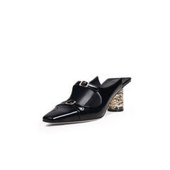 JadyRose | Bar-Accent Golden Mid Heel Leather Mules Loafers- Black