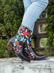 SOFFIA | BLACK FLORAL PATTERNED LEATHER COWGIRL BOOT