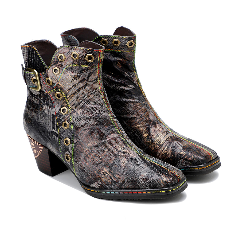 SOFFIA | Antique Prints With Metallic Stud Moto Boot