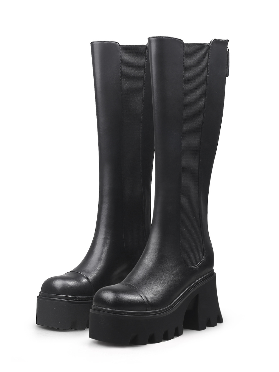 JADY ROSE | CHUNKY HEEL KNEE HIGH LEATHER BOOT - BLACK