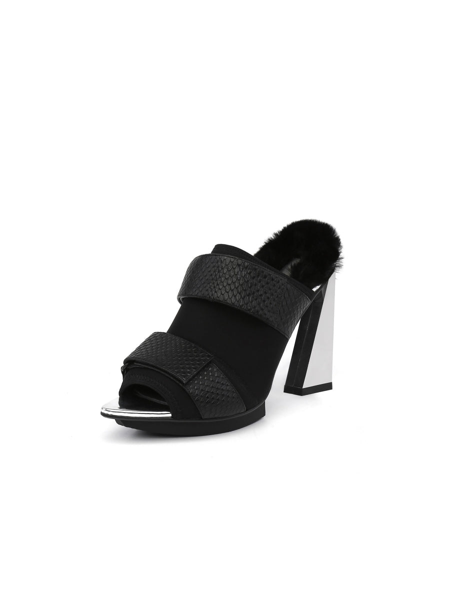 JadyRose | Faux Fur Back Heel  Peep-Toe Sandal - Black