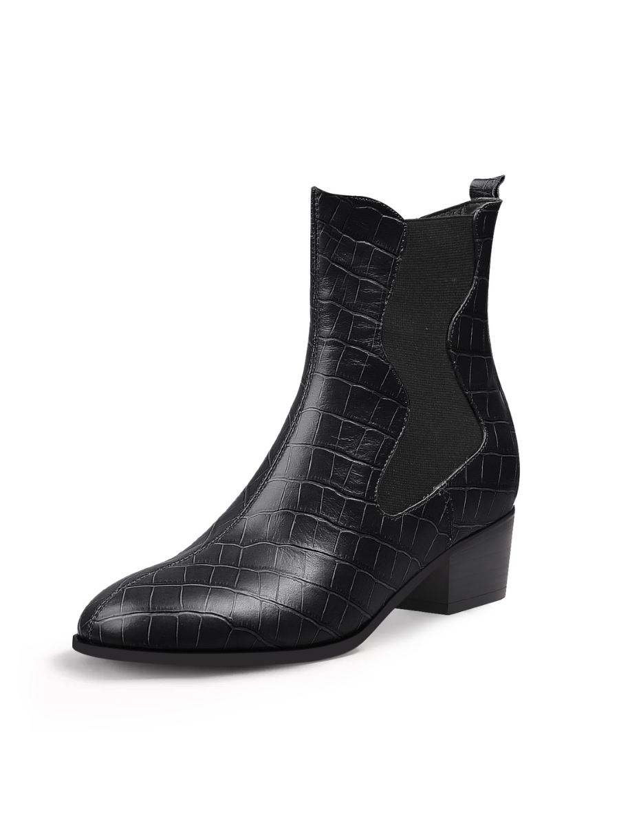 JADY ROSE | BLOCK HEEL CROC PATTERN LEATHER CHELSEA BOOTIE - BLACK