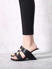 JadyRose | Black Cross Strap Leather Wedge Slides