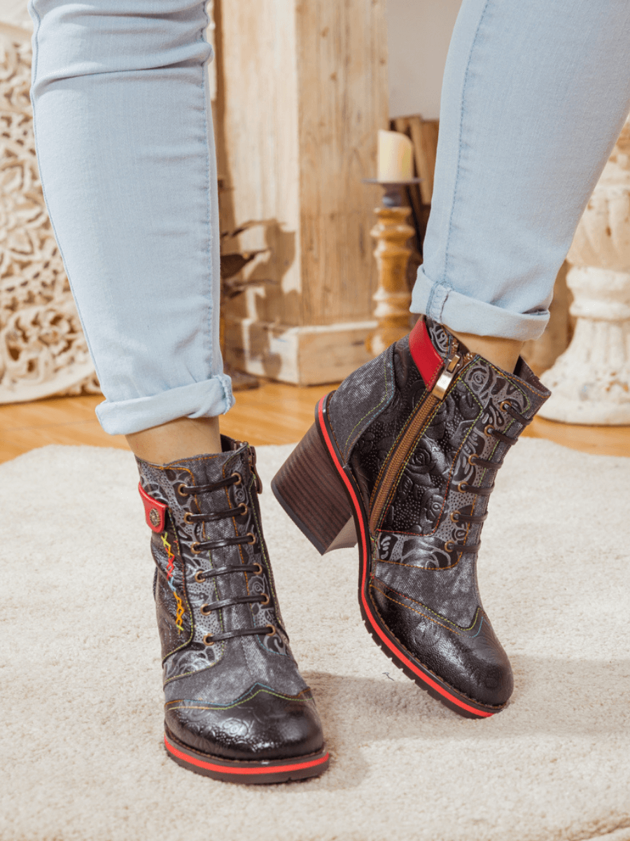 SOFFIA | FLORAL EMBOSSED LEATHER COMBAT BOOT