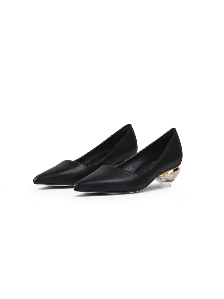 JadyRose | Genuine Leather Black & Crystal Bowl-Heel Pump