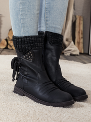 En Bloom | Black Ruched Back Tie-Accent Flat Comfy Combat Boots