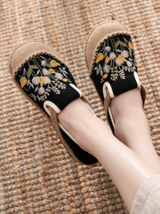 Cactus Rose | Field Corn Embroidered Linen Round Toe Espadrilles Loafers - Black