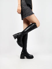 JADY ROSE | LUG SOLE KNEE HIGH LEATHER BOOT - BLACK