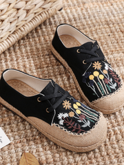 Cactus Rose | Garden Embroidered Linen Boat Shoes Espadrilles - Black