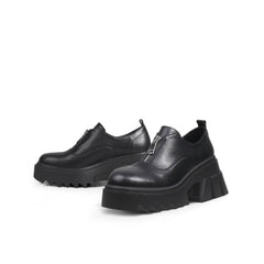 JadyRose | Chunky Heel Pure Zipper Genuine Leather Sneaker - Black