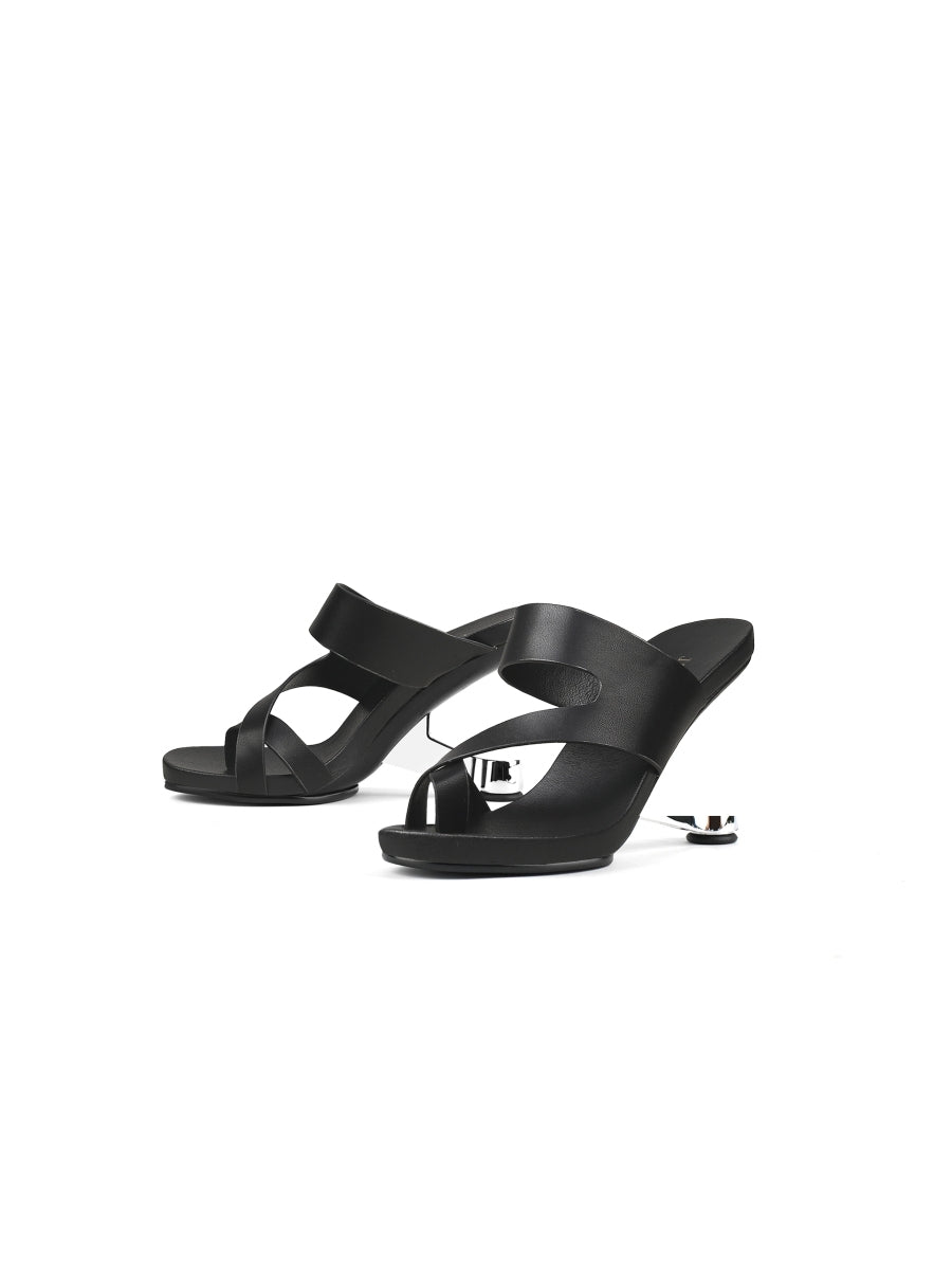 JadyRose | Black Criss-Cross Toe Elevator Heel Leather Slides