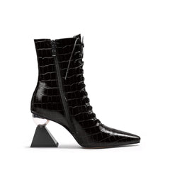 JADY ROSE | CRYSTAL HEEL CROC EMBOSSED LEATHER BOOTIE - BLACK