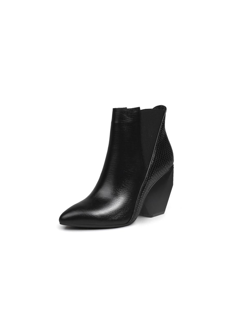 JadyRose | Black Texture Geometry Mid Heel Leather Chelsea Boots Ankle Boots