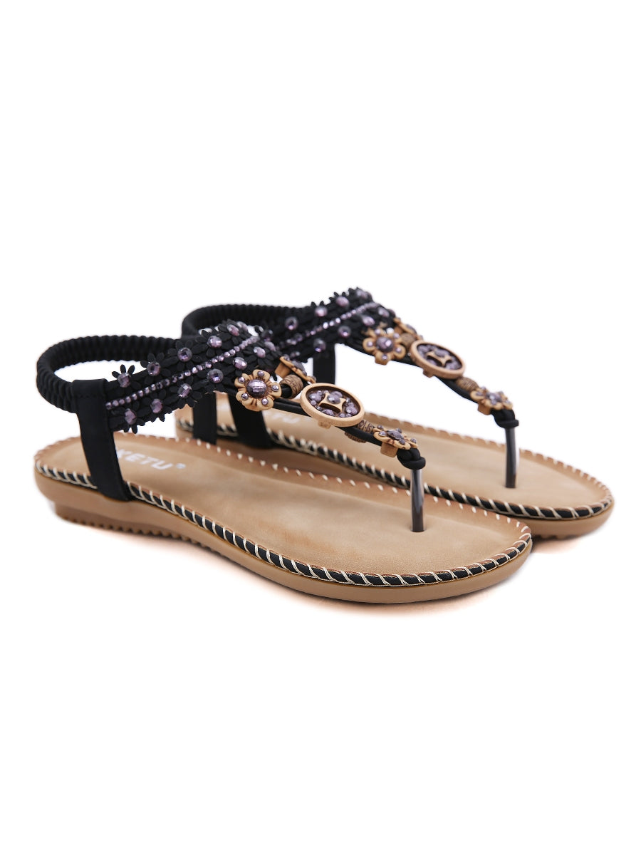 SIKETU | BLACK FLORAL-ACCENT RHINESTONE SANDAL