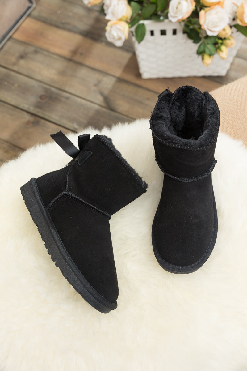 SMAIBULUN Ugg | Ribbon Bow Faux Fur-Lined Mini Ugg Boots